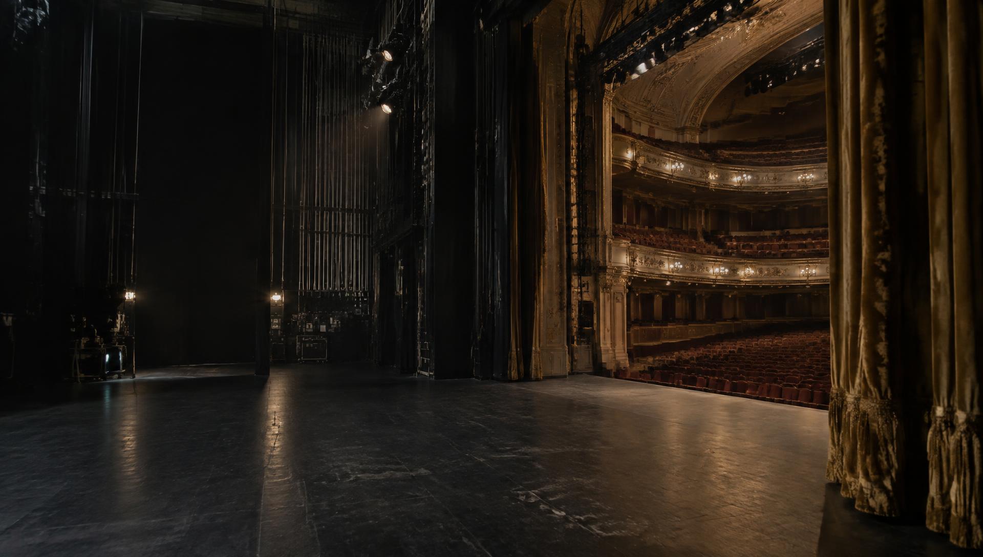 A view from backstage into a grand British theatre, waiting for the next performance